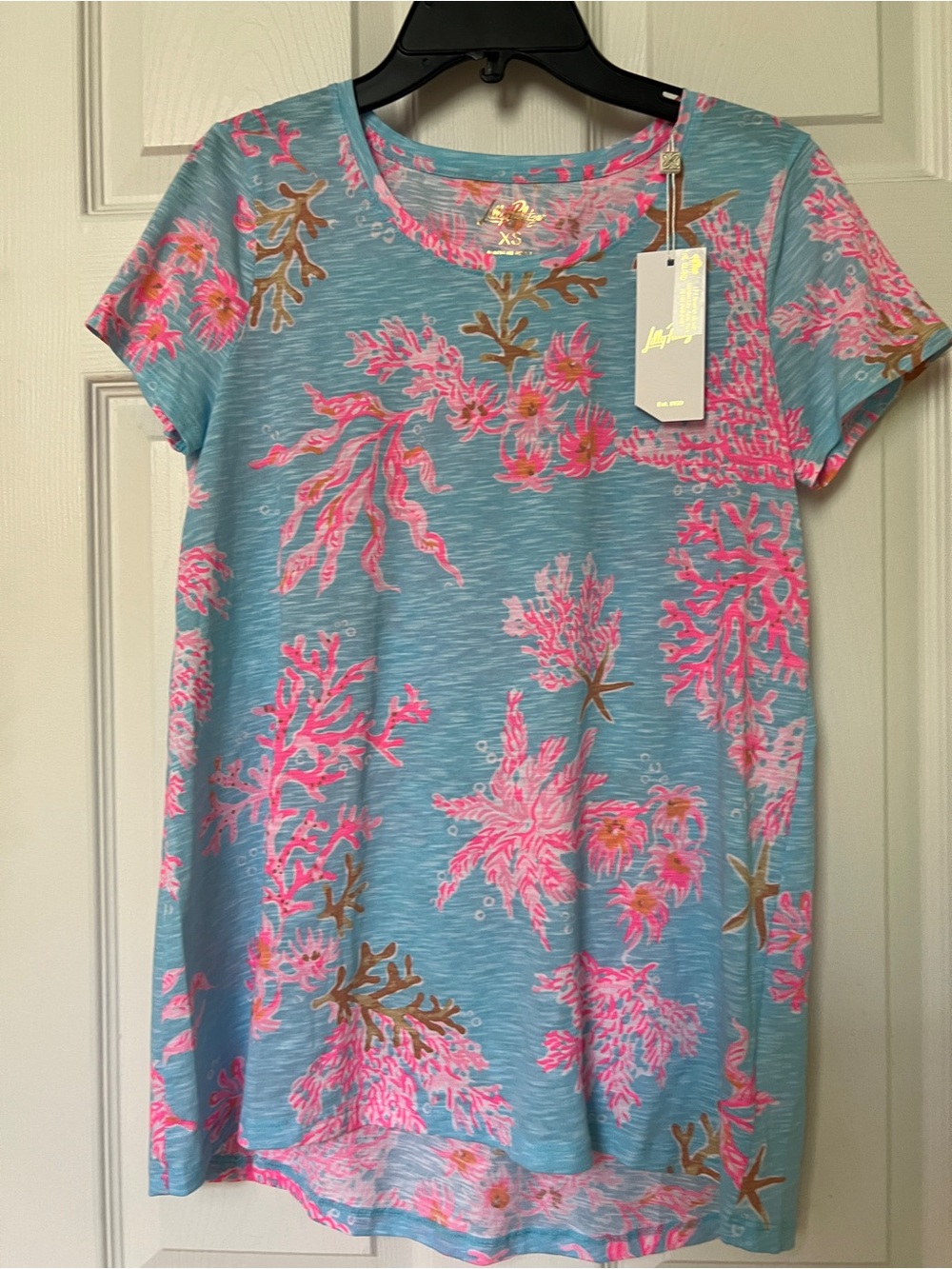 NWT Lilly Pulitzer Etta Scoop Neck Tee Multi Royal Coral XS